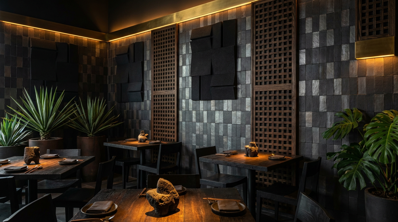 High-fidelity Oaxacan restaurant interior designed with textured black clay 'barro negro' wall tiles, dark wood handcrafted furniture, and agave plants, creating a moody and authentic Mexican atmosphere.
