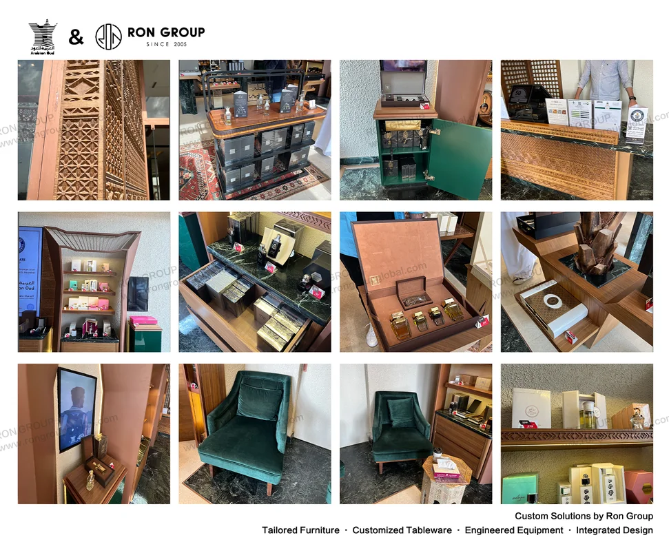 Craftsmanship Detail Collage Detail collage of custom furniture, joinery, and illuminated fixtures in Arabian Oud store