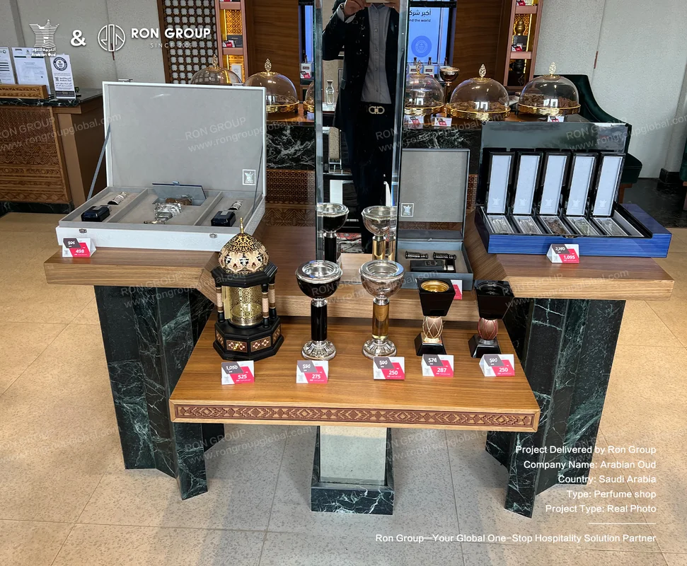 Perfume Counter Display Marble-accented perfume counter with LED accent lighting showcasing premium fragrances