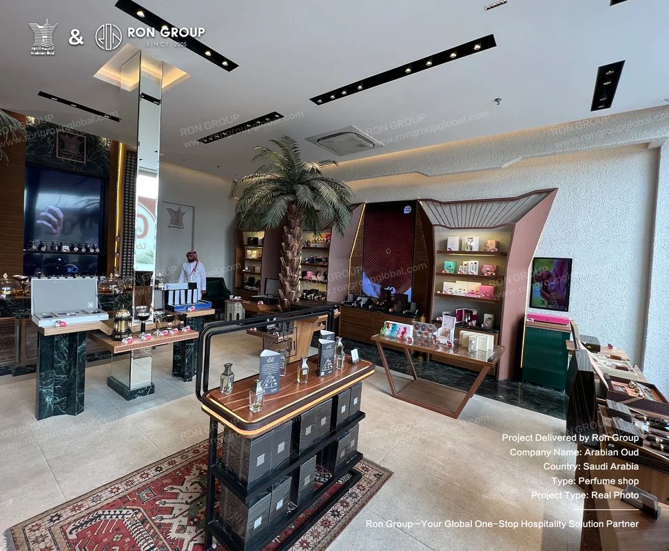 Perfume Shop Interior Warmly lit Arabian Oud fragrance boutique interior with luxury display fixtures
