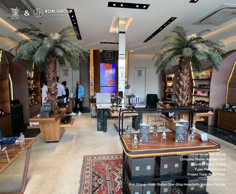 Retail Showroom Overview Full retail showroom view of Arabian Oud boutique with illuminated display systems