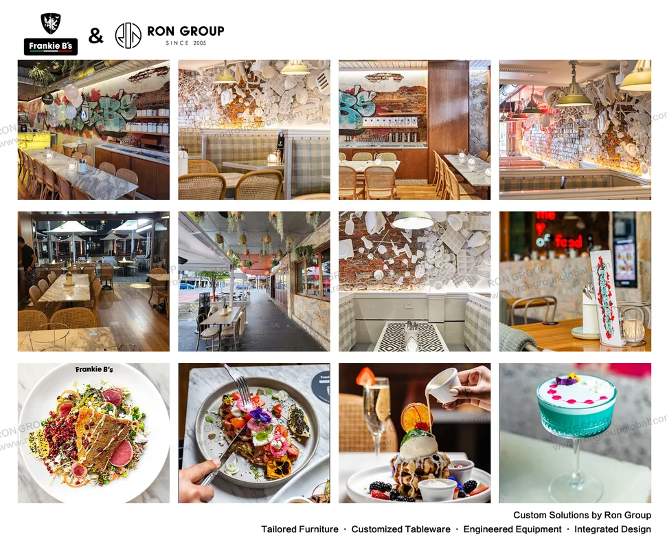 Collage of custom furniture and decor pieces supplied by RON GROUP for Frankie B's