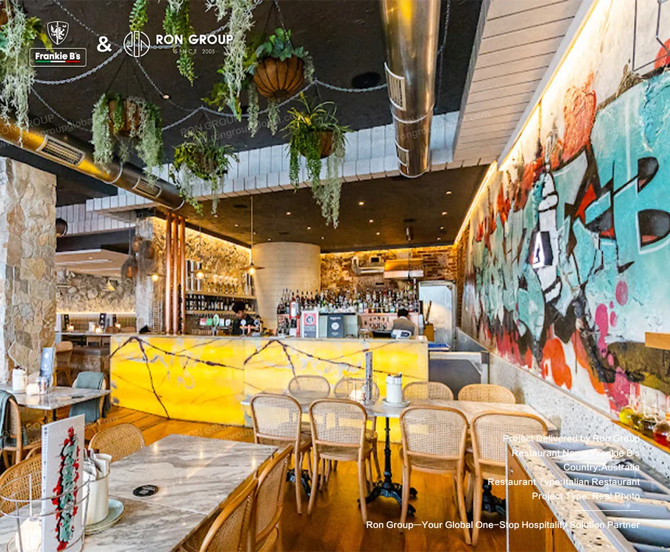 Mural wall design at Frankie B's restaurant interior