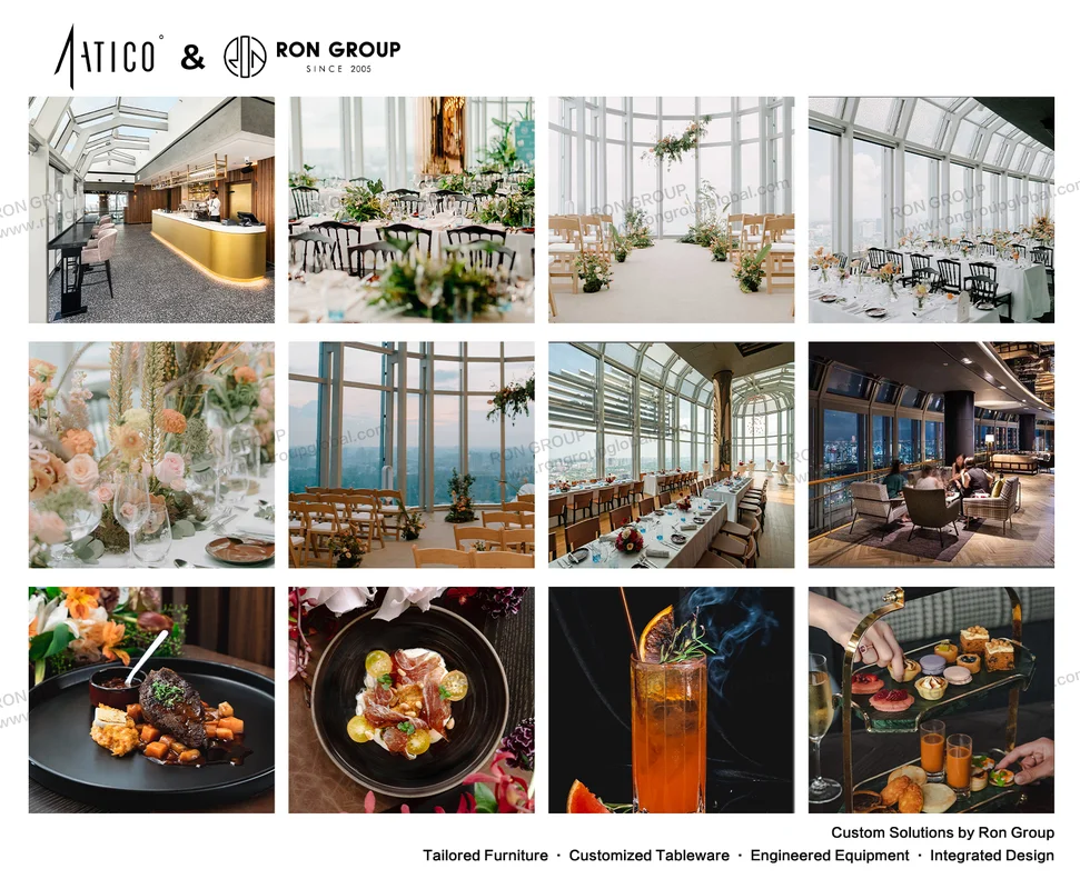 ATICO loungebar furniture collage with banquet hall wedding setup lounge and city view