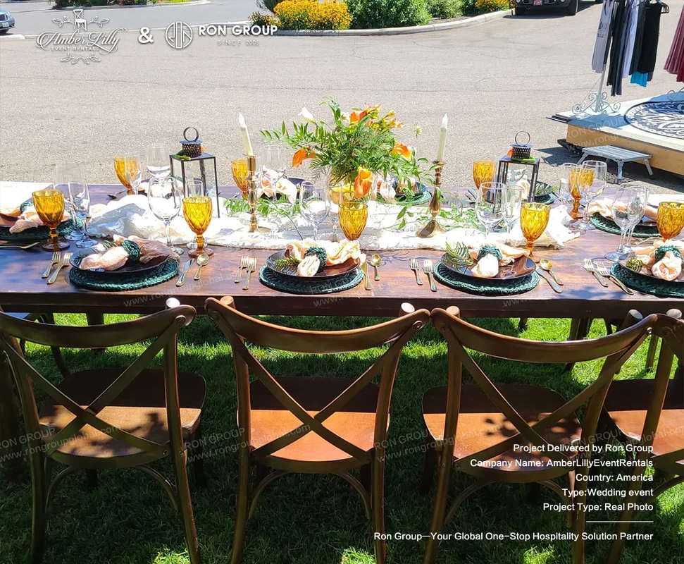 Amber Lilly Event Rentals outdoor tableware and glassware setup