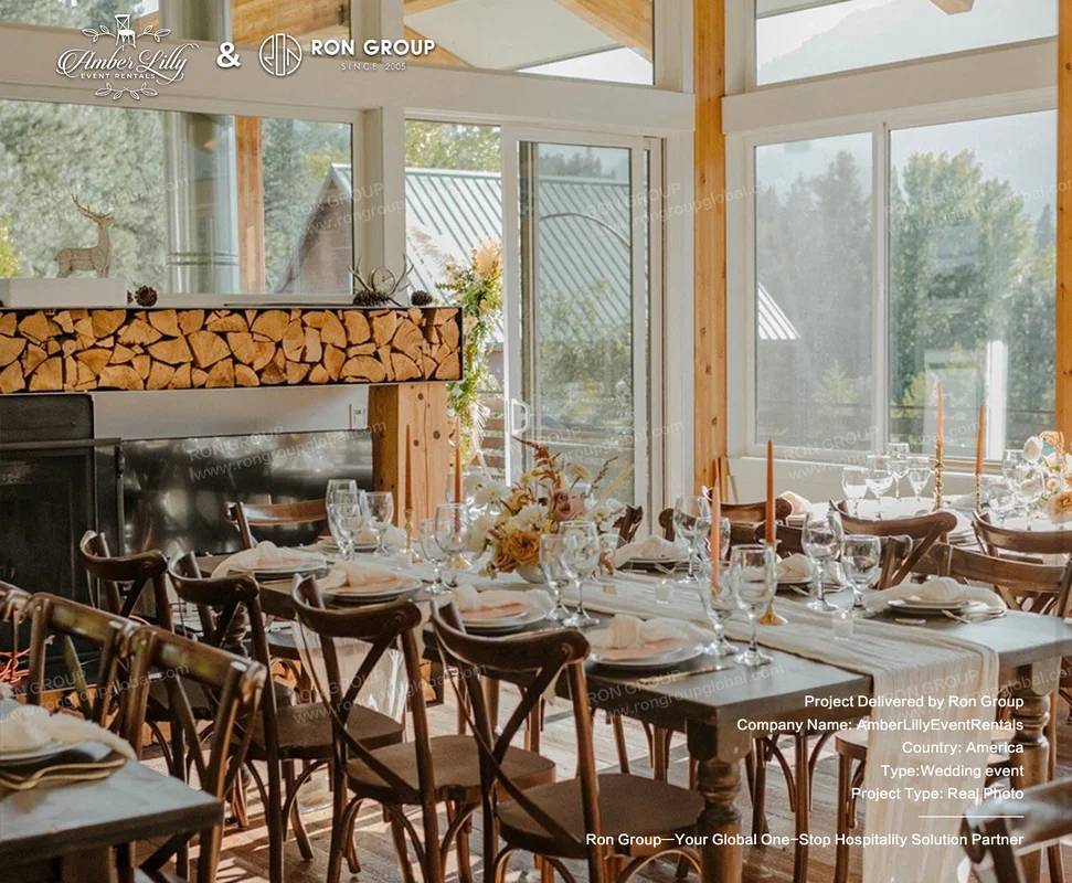 Amber Lilly Event Rentals rustic wedding reception table setup
