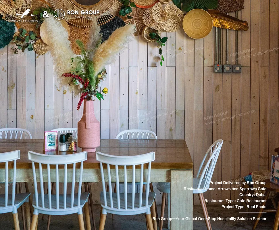 Arrows and Sparrows Cafe wooden wall with woven decor
