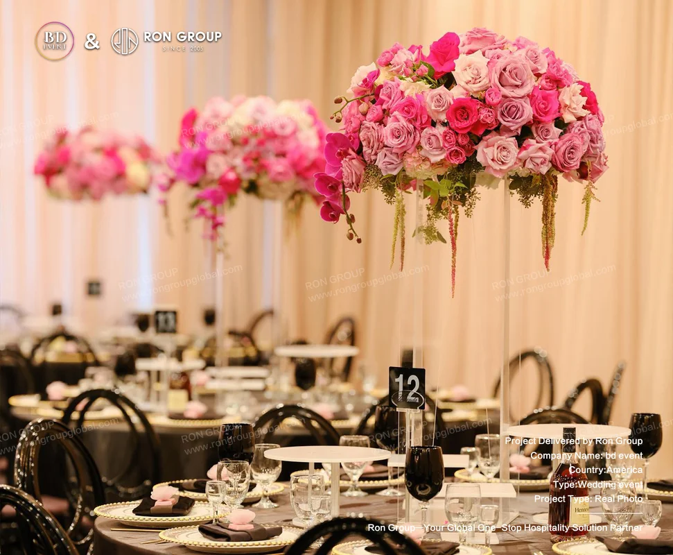 BD Event wedding reception tables with pink florals