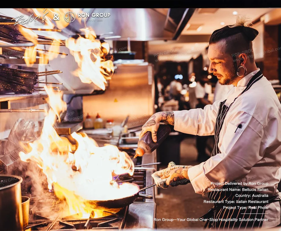 Bellucis kitchen cooking scene with flames