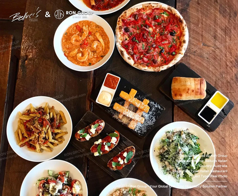 Bellucis Italian dishes served on a wooden table