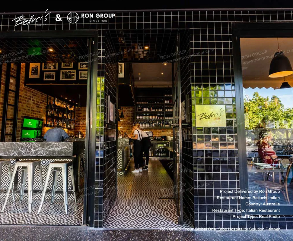 Bellucis modern Italian restaurant entrance and bar area