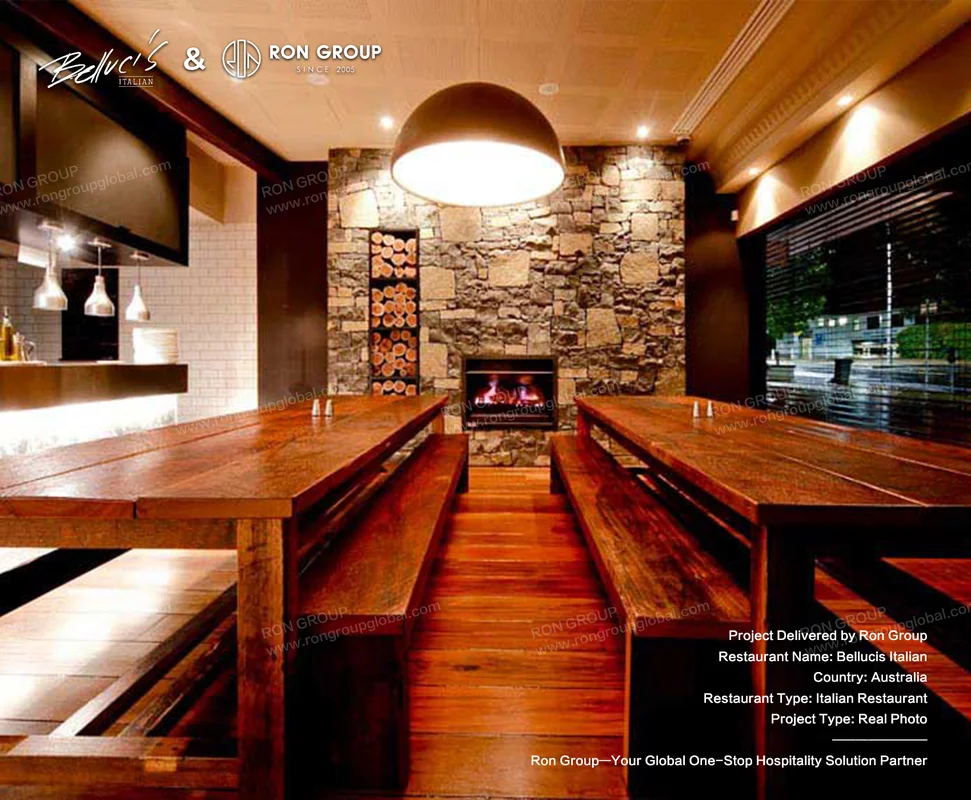 Bellucis rustic fireplace dining room with wooden tables