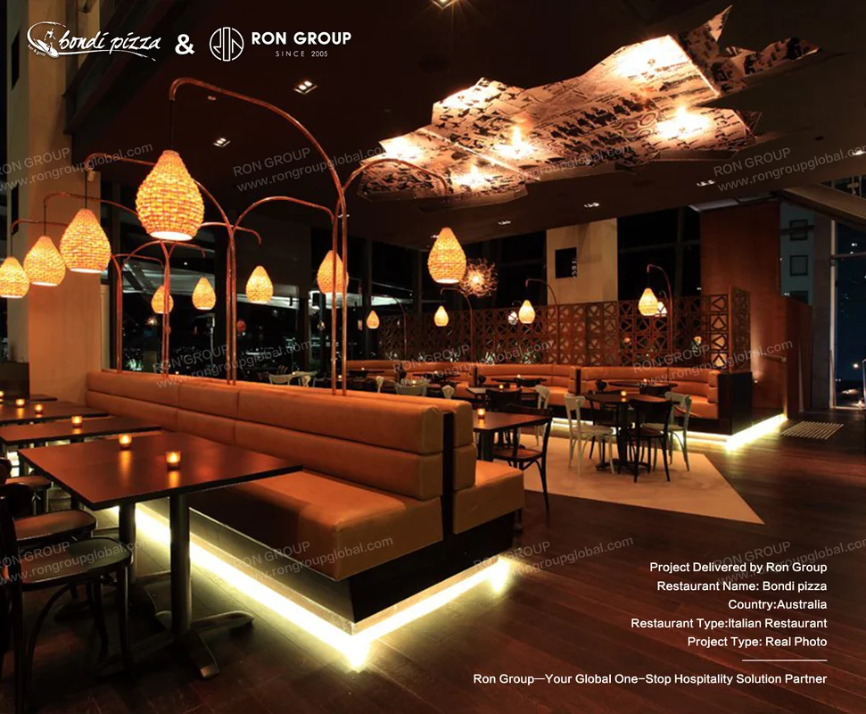Bondi Pizza booth seating and warm decorative ceiling feature