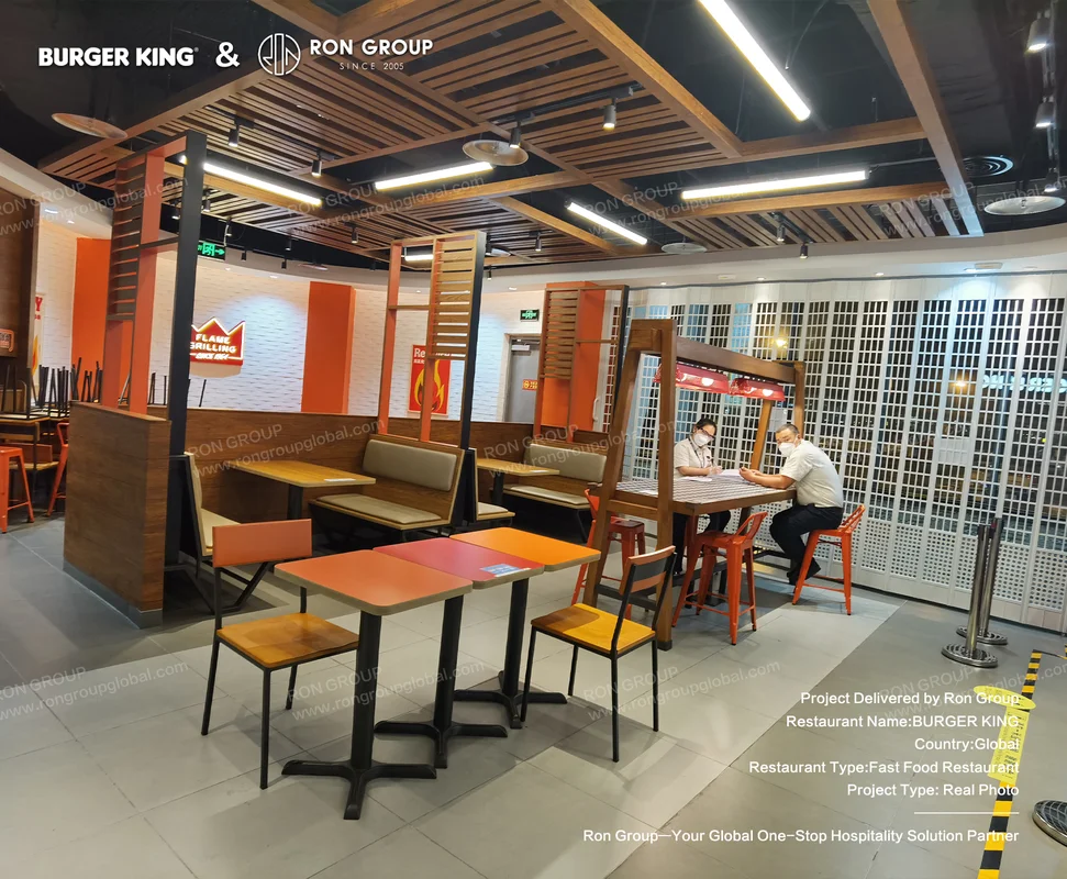 Burger King wooden ceiling beams and orange furniture