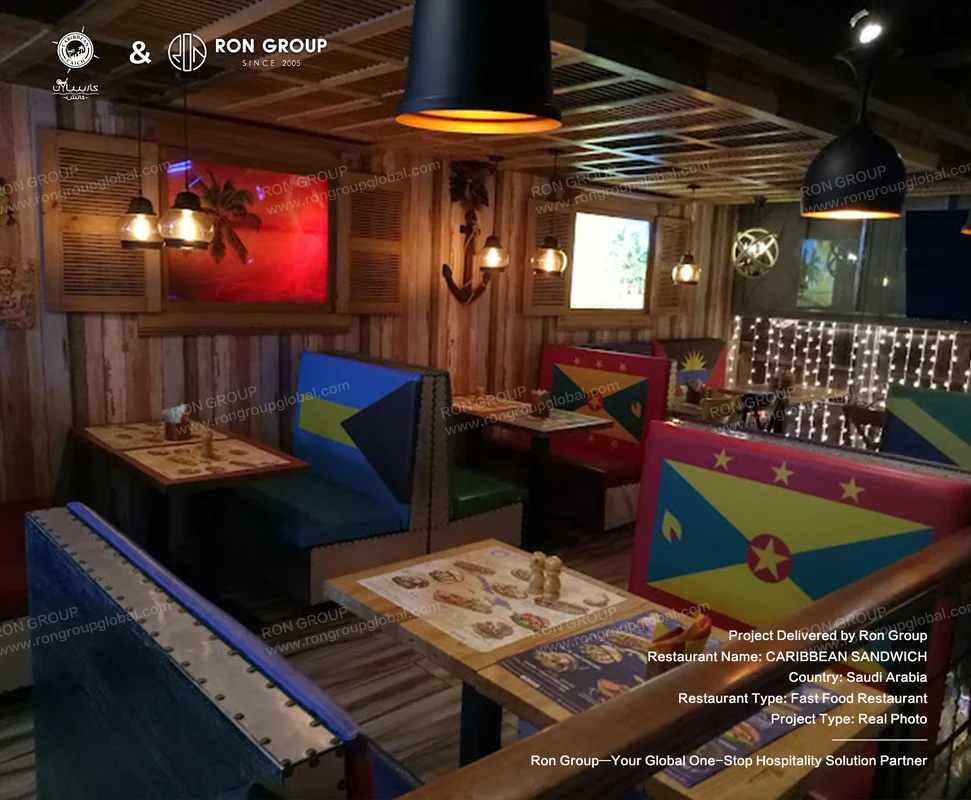 CARIBBEAN SANDWICH RonGroup-CARIBBEAN_SANDWICH-Colorful_Booth_Seating_With_Flags.webp