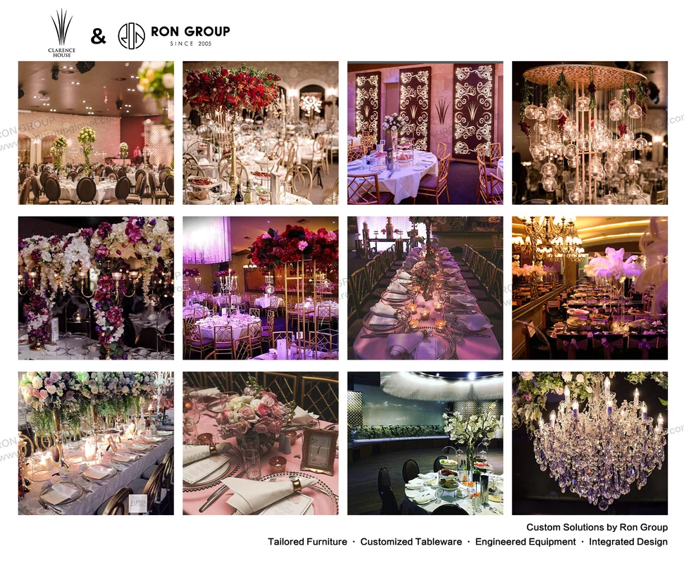 Clarence House wedding venue furniture tableware floral arches and chandelier scenes