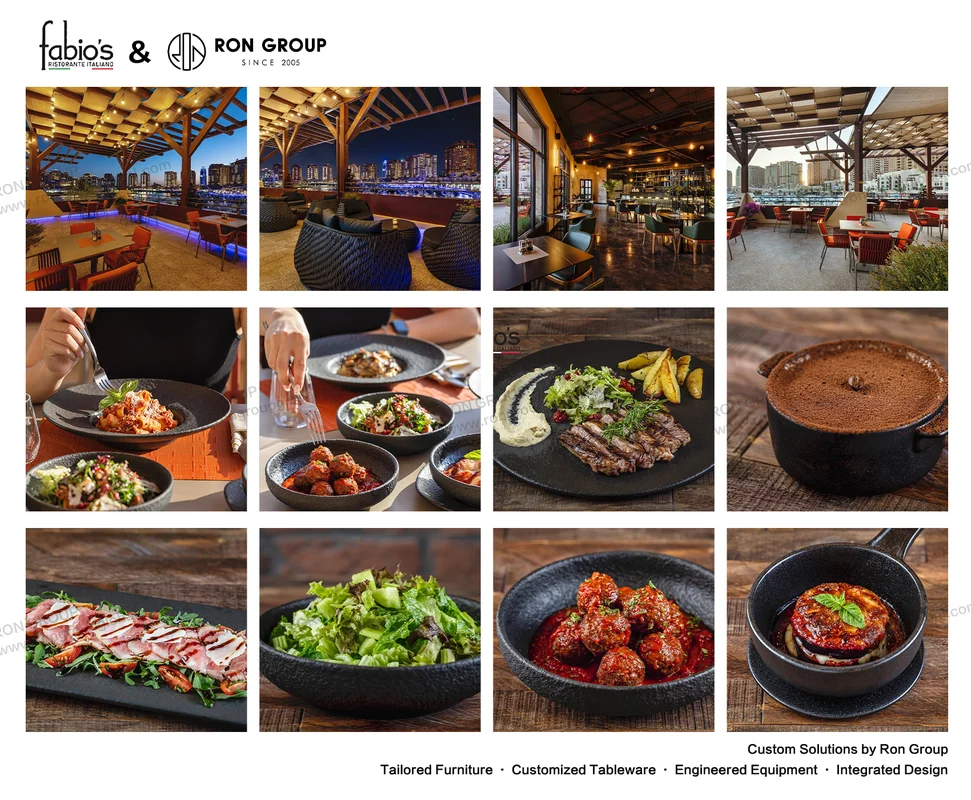 Fabio Italian restaurant furniture collage with rooftop terrace indoor dining and pasta dish