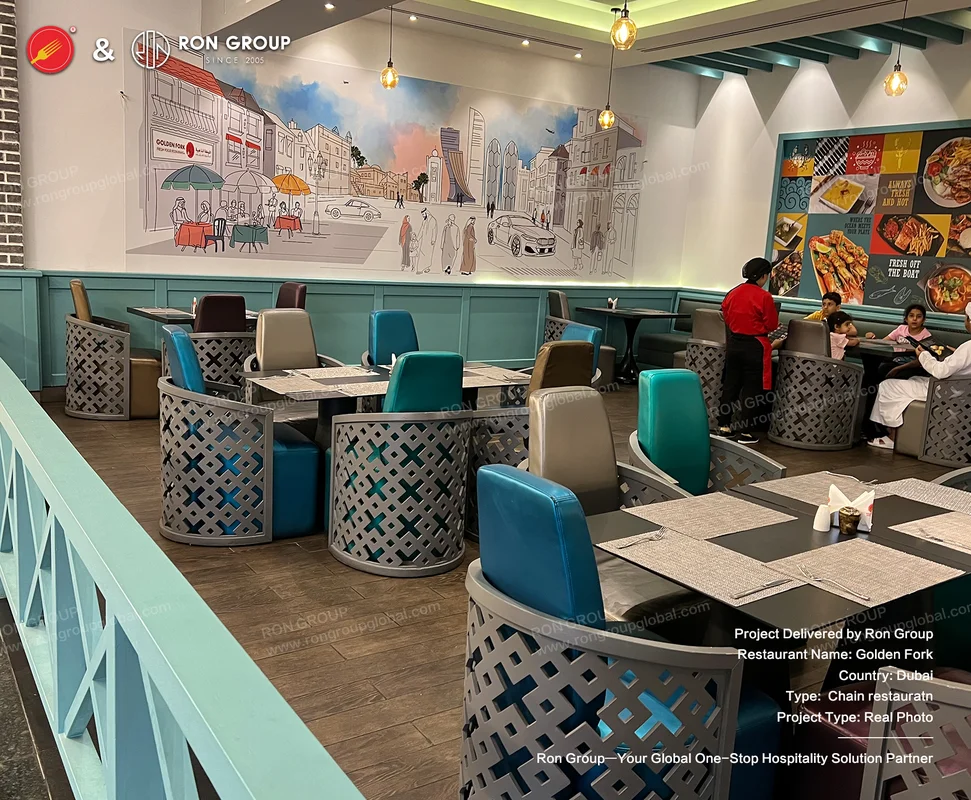 Modern interior with lattice-back chairs and cityscape mural