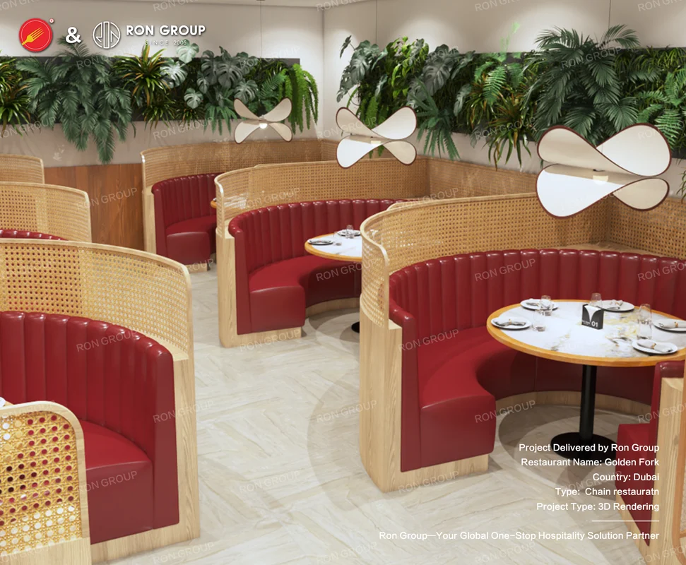 Red leather booths with rattan backs and butterfly pendants