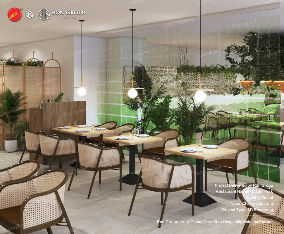 Wooden tables with cane chairs and green living wall