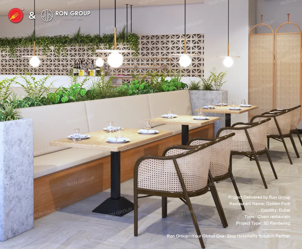 Wooden tables with geometric wall patterns and greenery