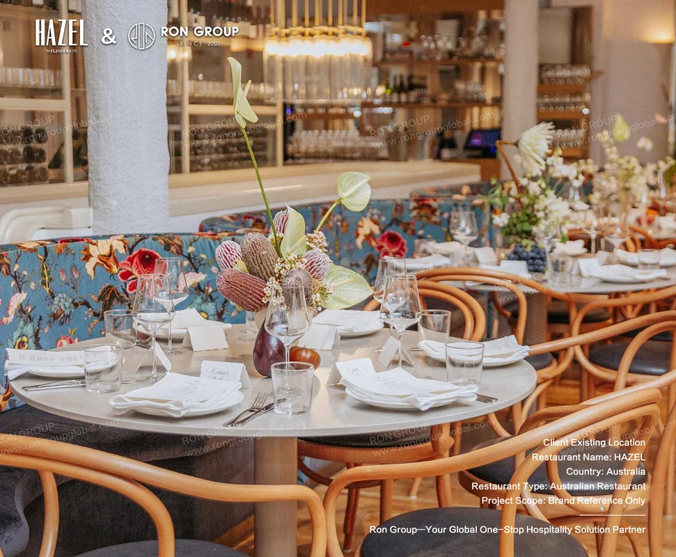 Elegant round table and banquette dining setup