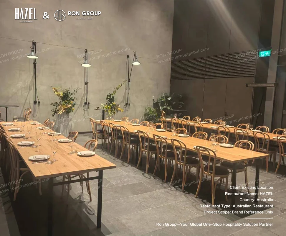 Modern dining area with long timber tables