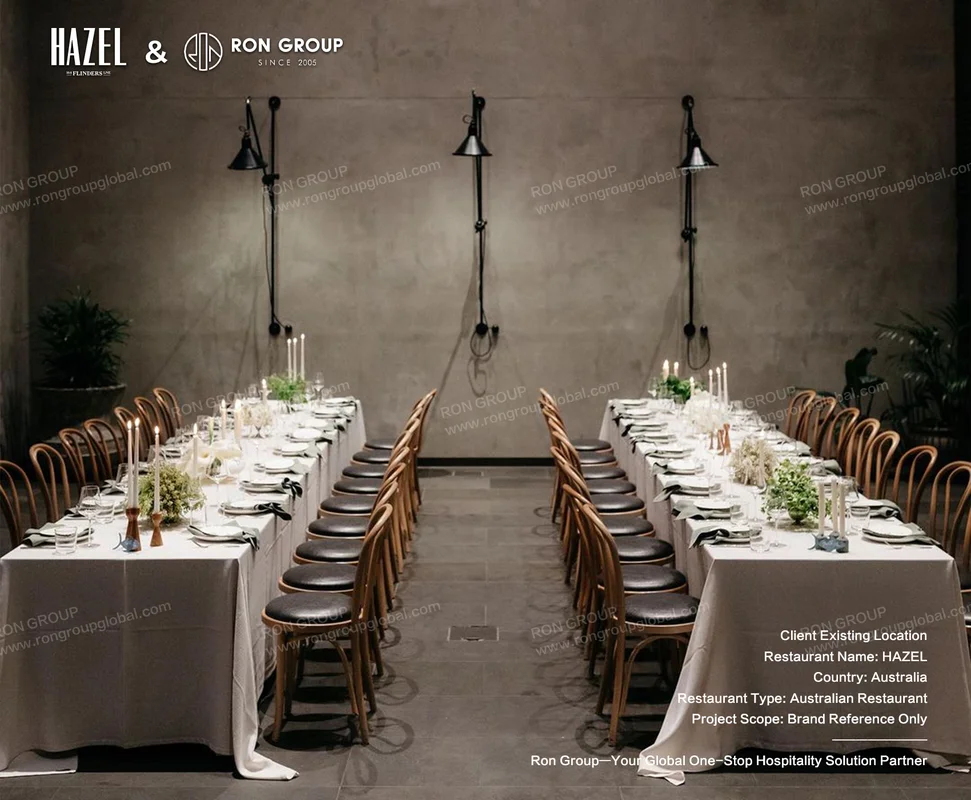 Dimly lit dining room prepared for group service