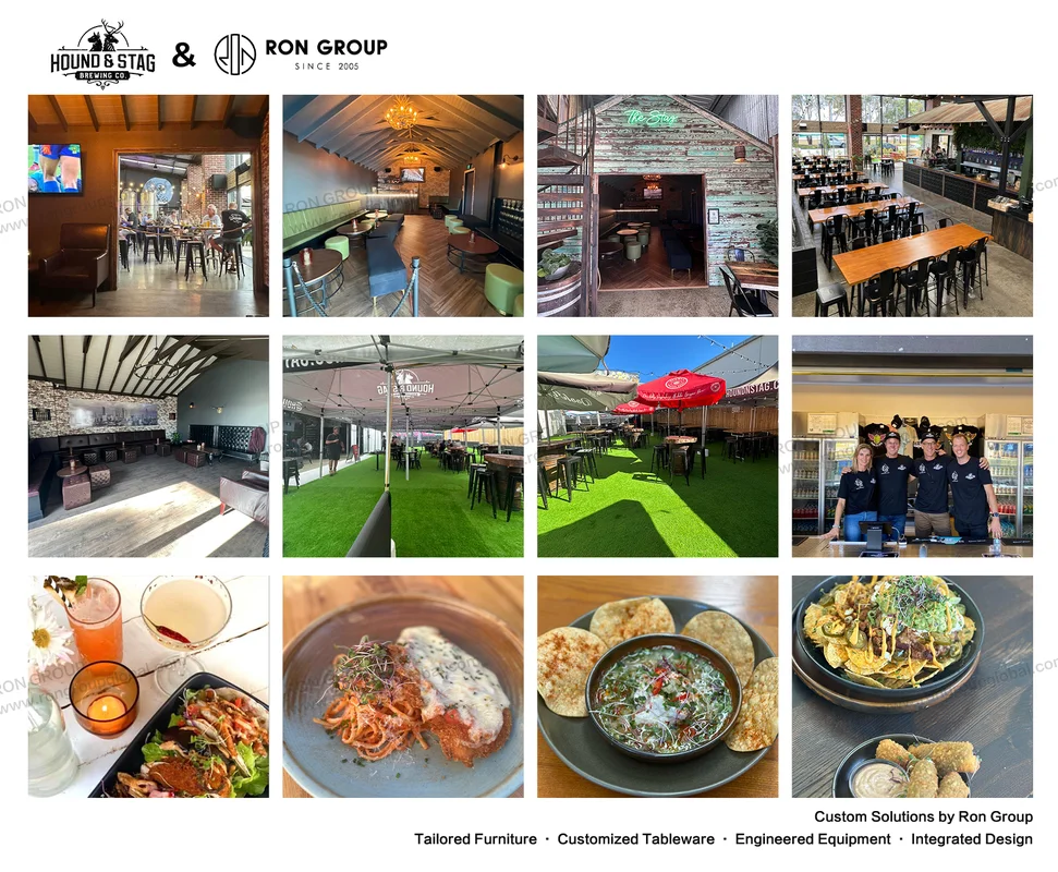 Hound Stag bar restaurant furniture collage with indoor bar outdoor seating and event setup