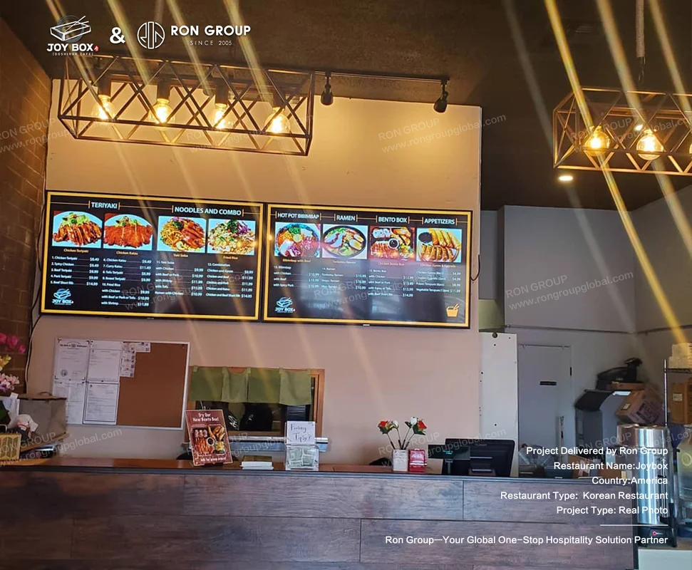 Joybox Korean restaurant counter and menu boards