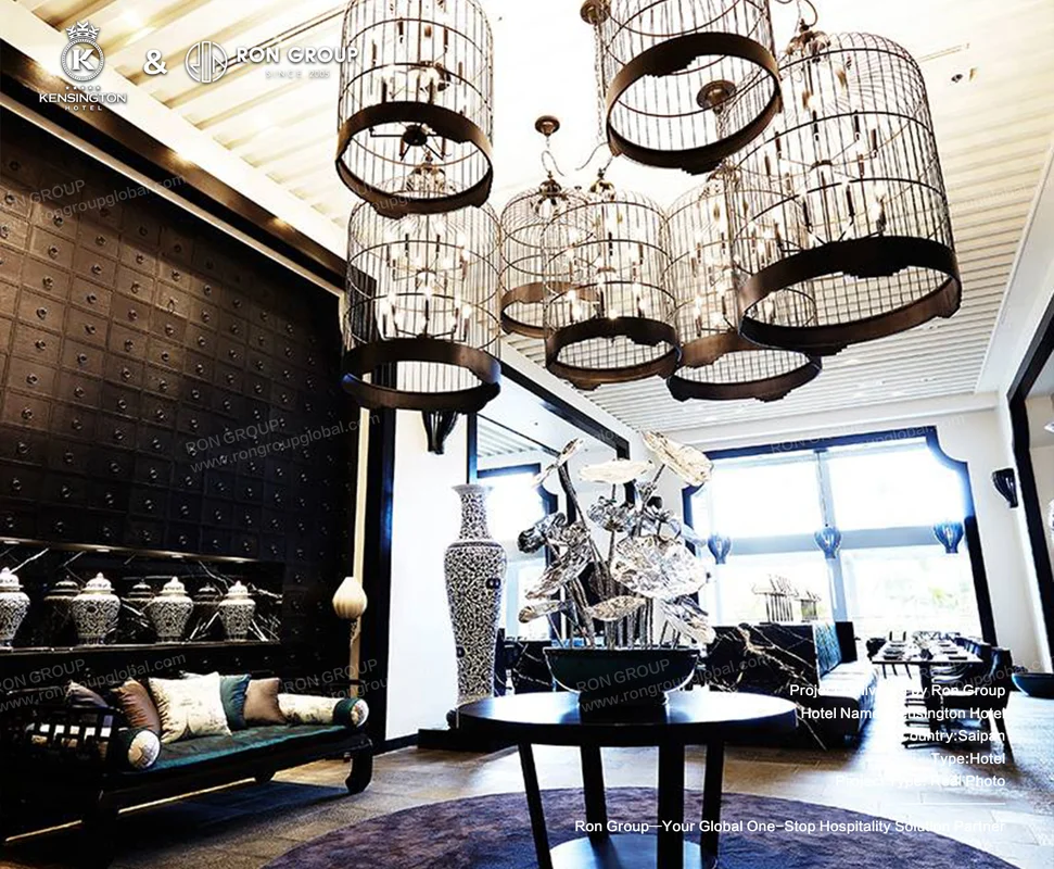 Kensington Hotel luxury lobby interior with chandeliers and elegant seating