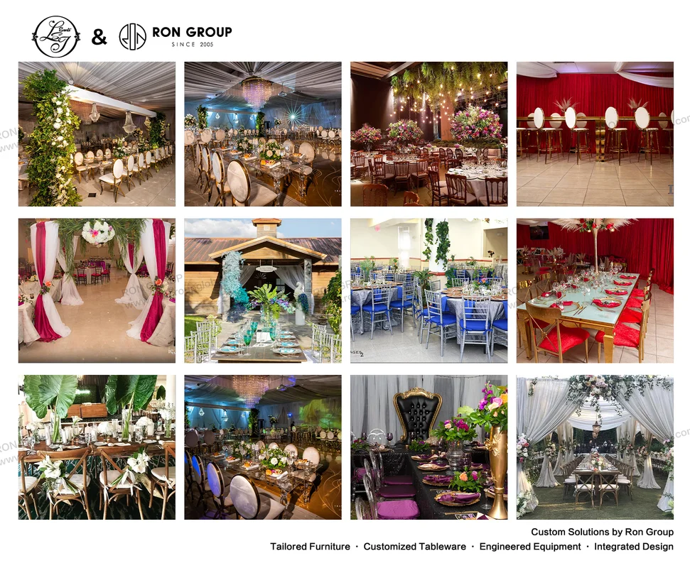 Collage showing multiple LSJ Events wedding reception furniture and decor scenes