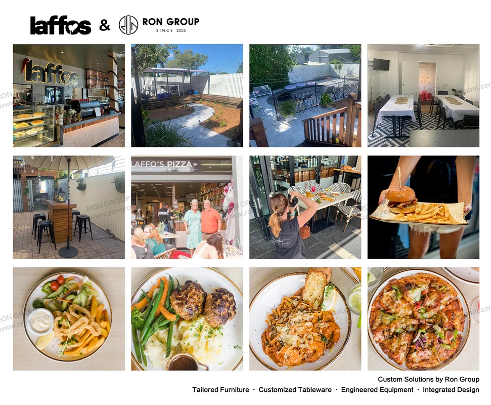 Laffos Bar and Pizzeria furniture collage with patio interior dining and food