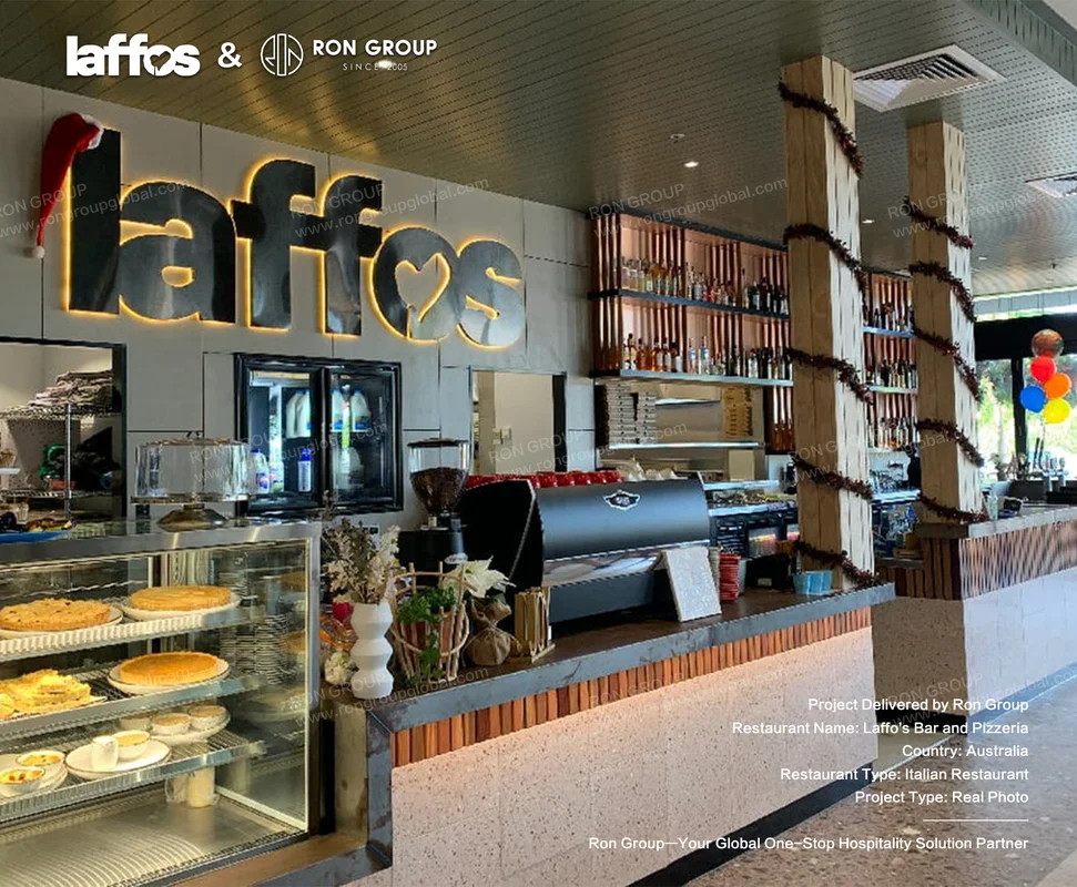 Laffos Bar and Pizzeria modern restaurant interior with backlit sign counter display cases and bottle shelves