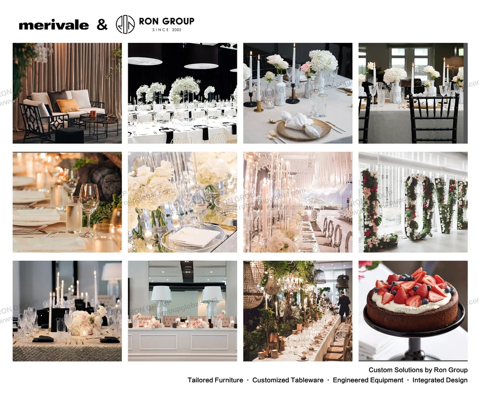 Merivale event furniture tableware and wedding banquet scenes