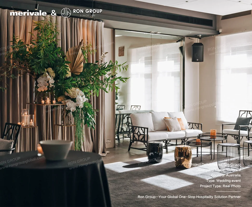 Merivale event lounge interior with white seating and greenery