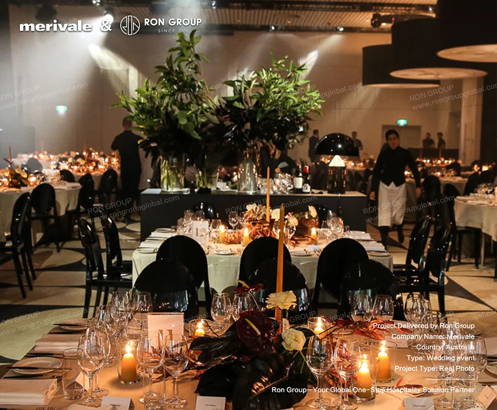Merivale elegant wedding reception setup with white linens and black chairs