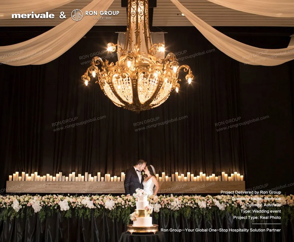 Merivale elegant wedding stage setup with chandelier and florals
