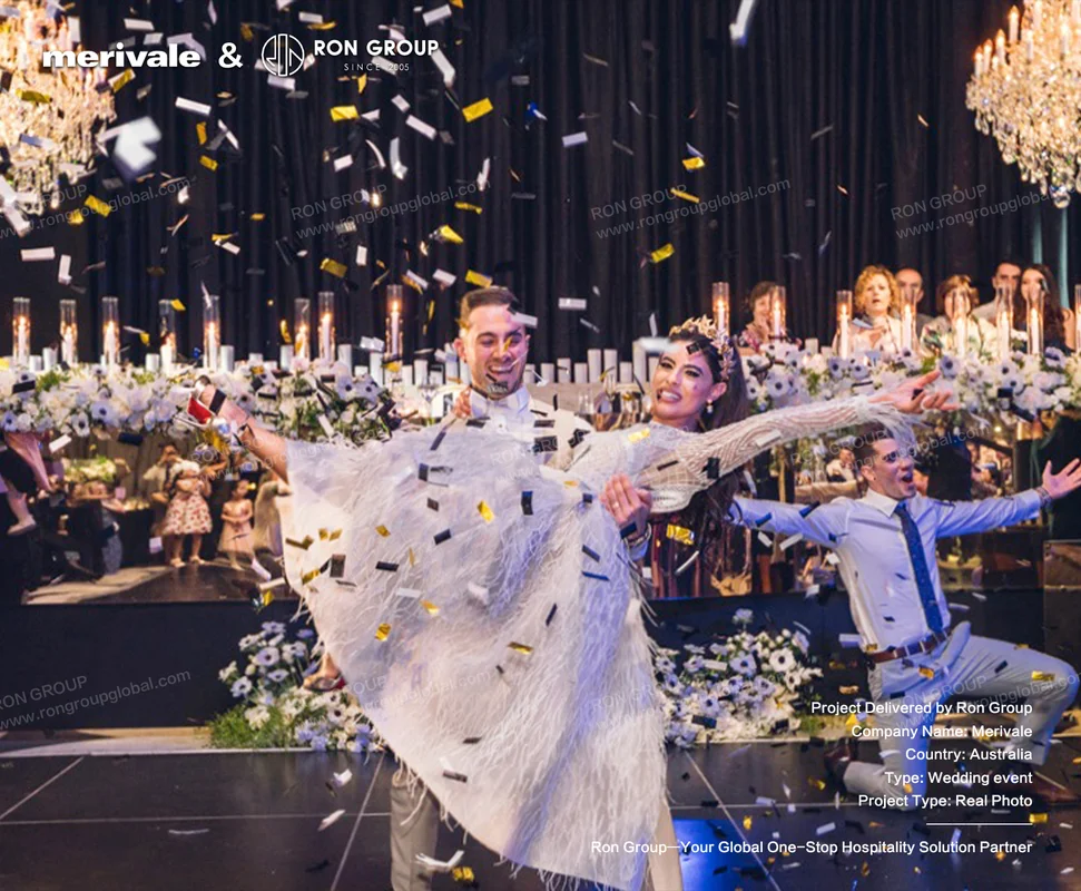 Merivale wedding celebration with confetti and chandelier lighting
