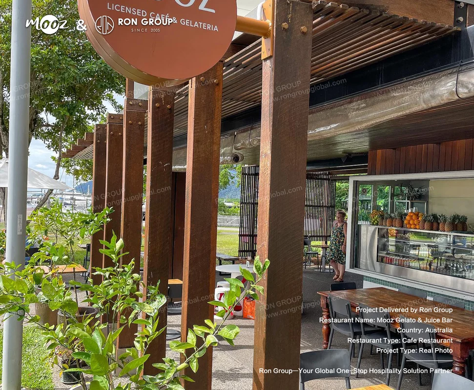 Mooz Gelato and Juice Bar outdoor cafe with wooden structure