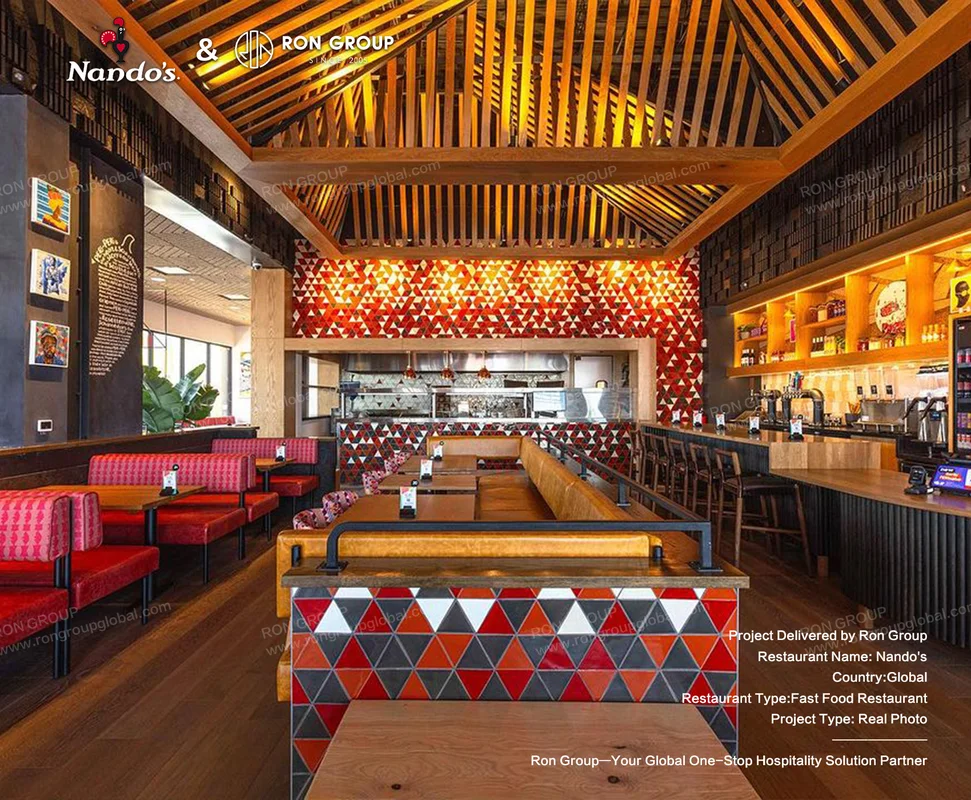 Nando's wooden ceiling colorful tile interior and open kitchen