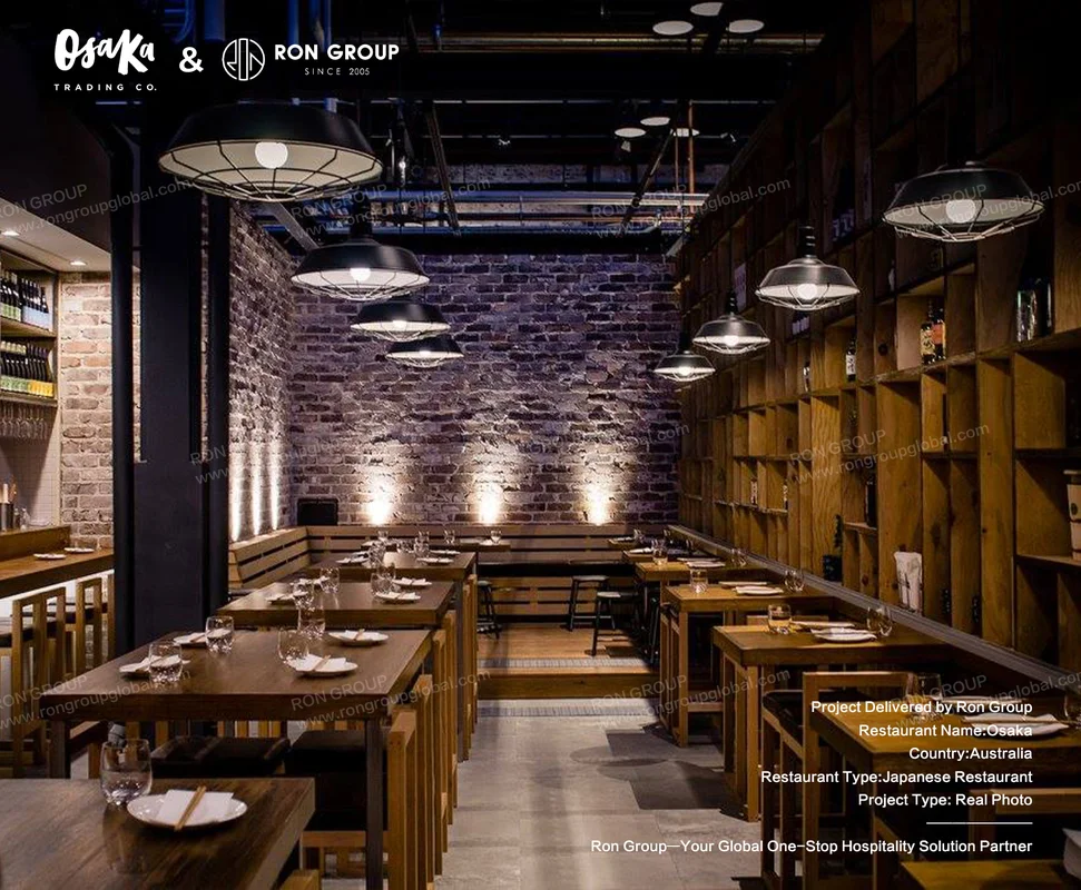 Dimly lit interior with rustic brick and warm lighting