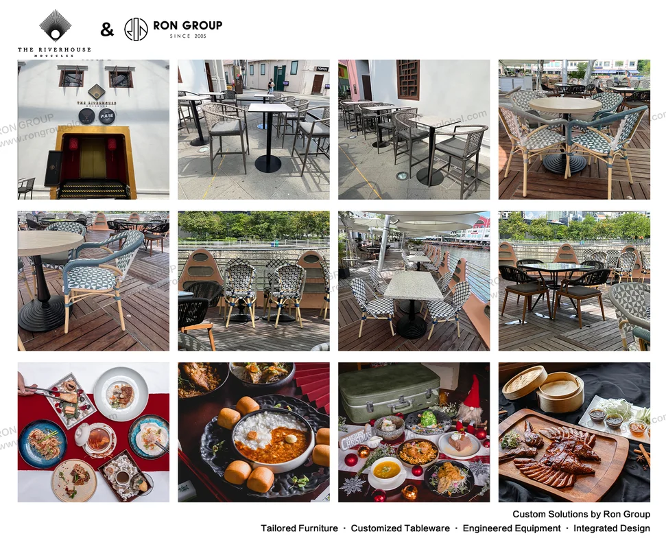 Riverhouse Singapore restaurant furniture collage with riverside deck woven chairs and heritage facade