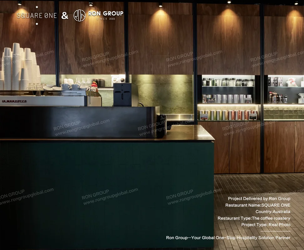 SQUARE ONE dark wood and green coffee counter