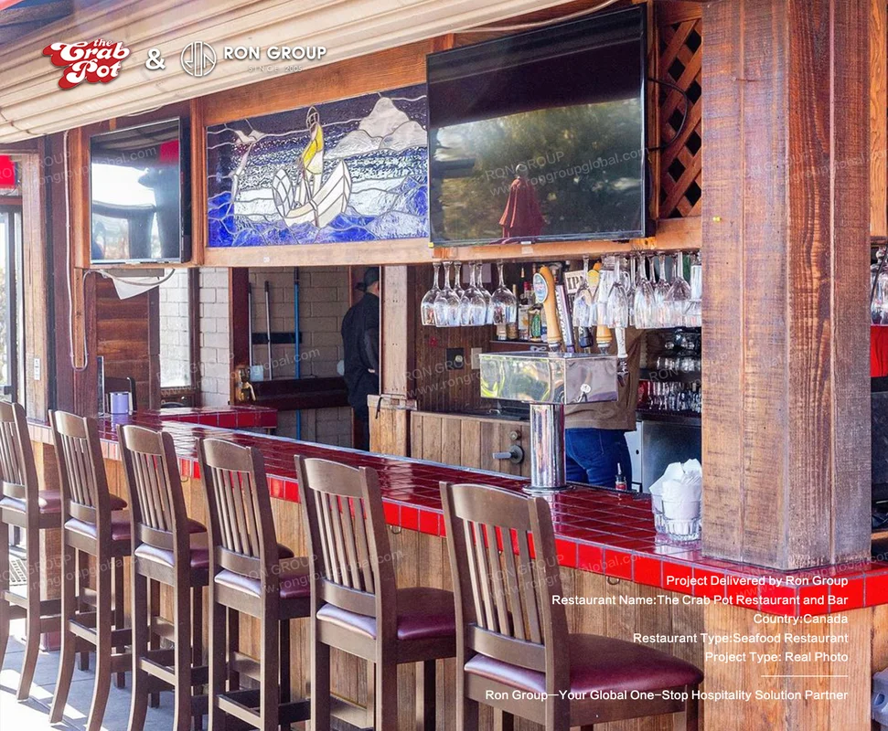 The Crab Pot wooden bar interior with red tile counter