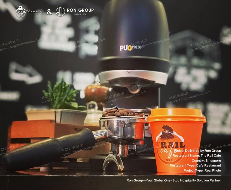 The Rail Cafe coffee machine and branded takeaway cup setup