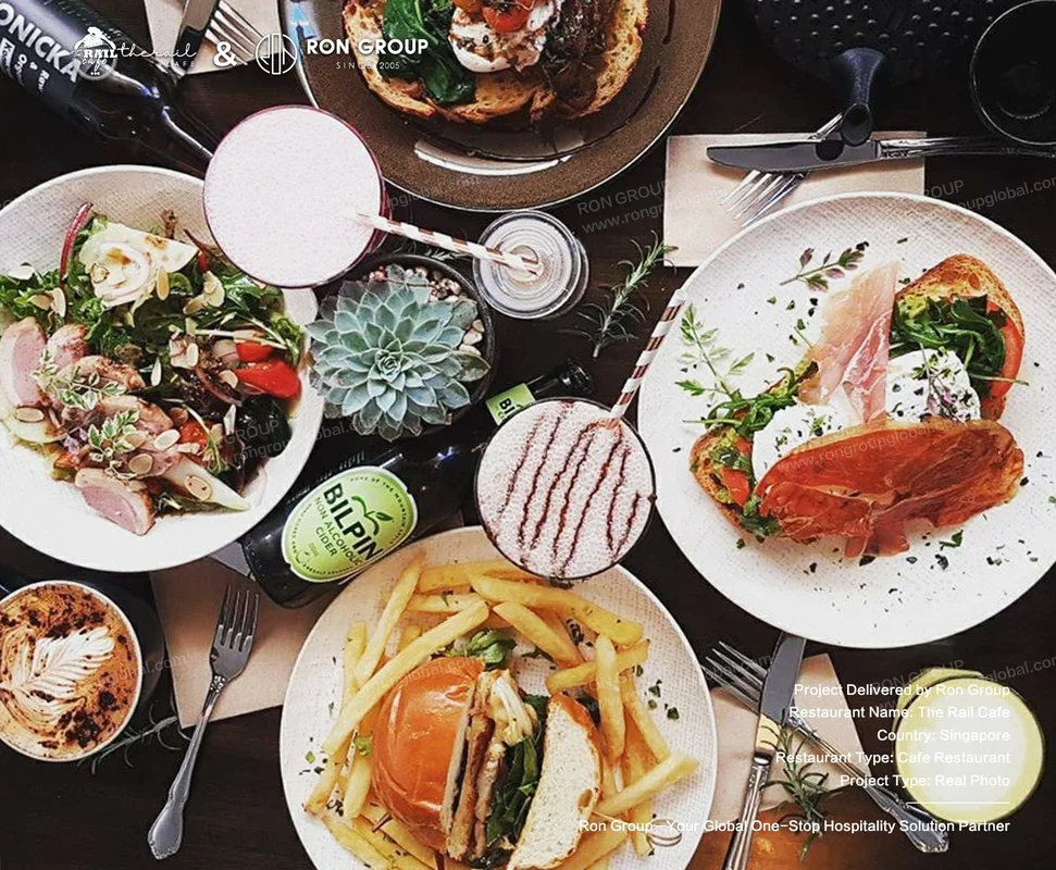 The Rail Cafe brunch food spread on wooden table