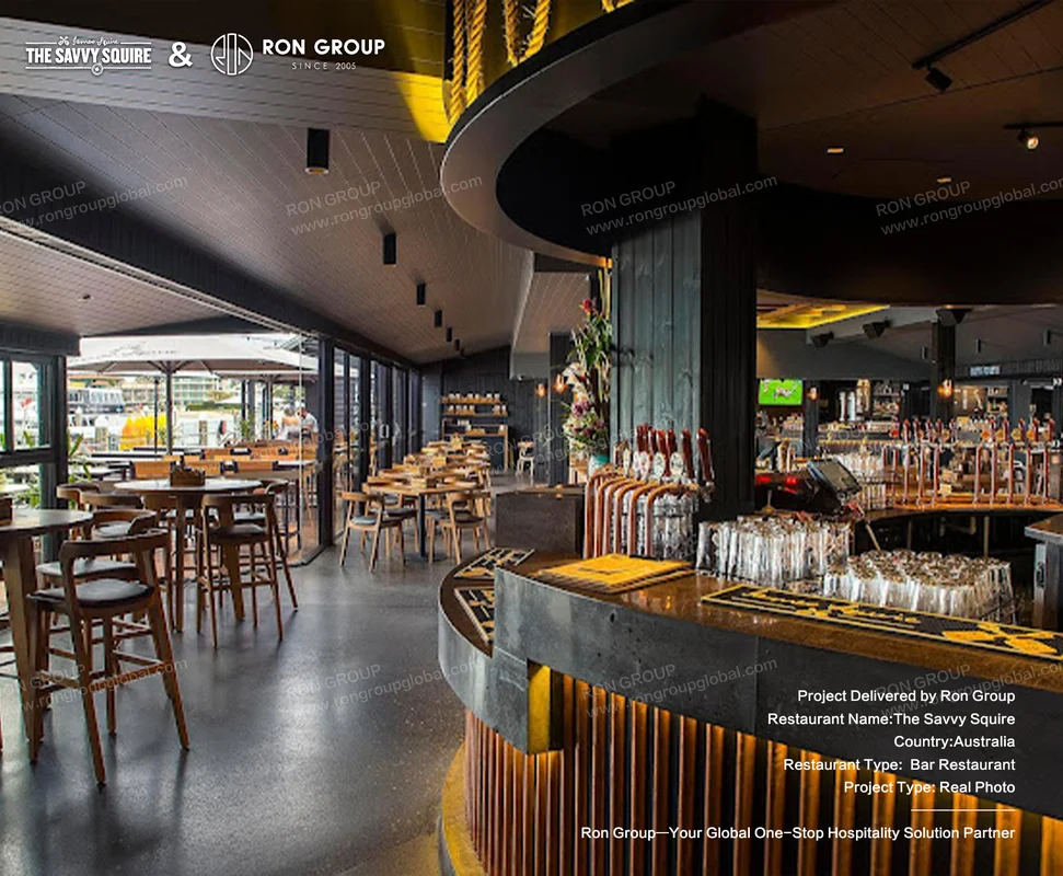 Curved wooden bar with outdoor terrace seating