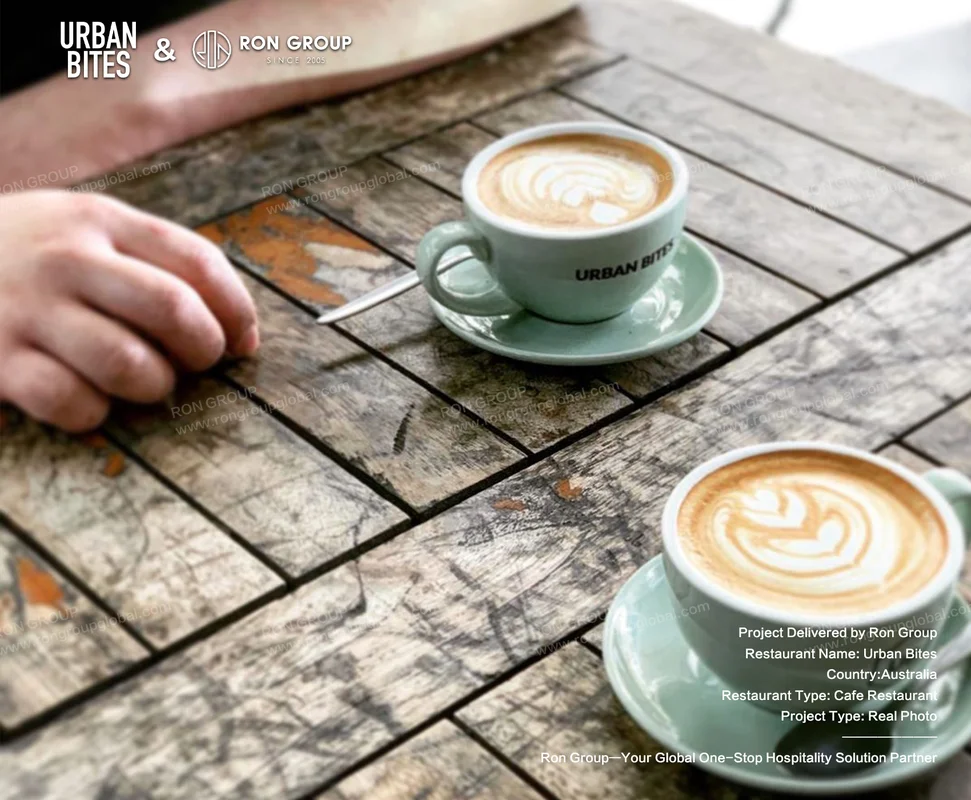 Urban Bites coffee cups on wooden table
