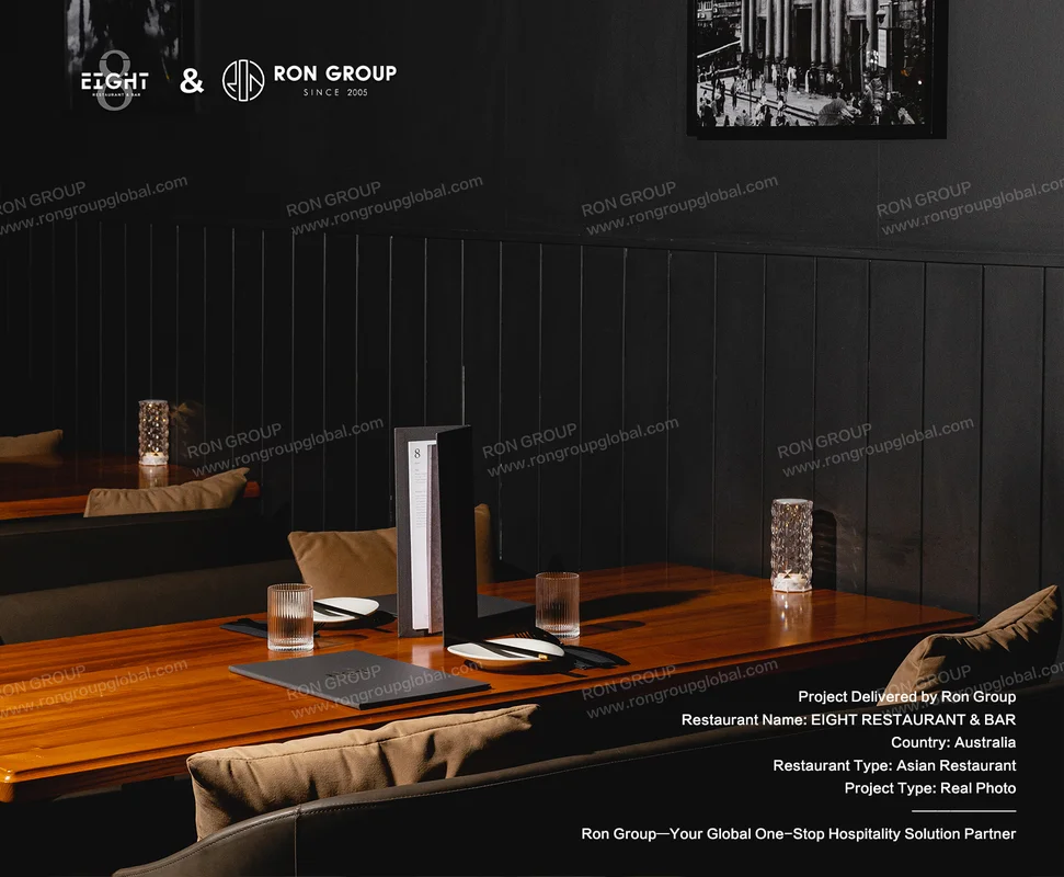 EIGHT Restaurant dark wood dining table